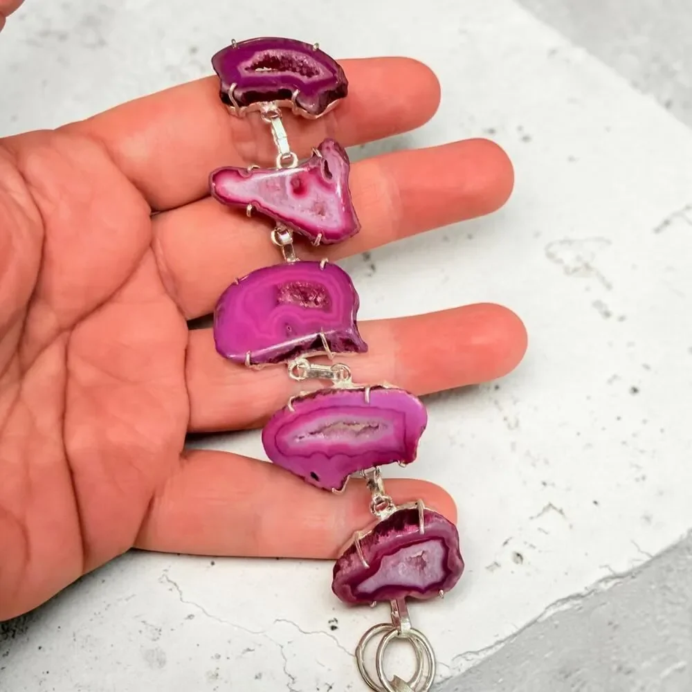 Pink Druzy Agate Slice Toggle Bracelet 925 Silver Plated